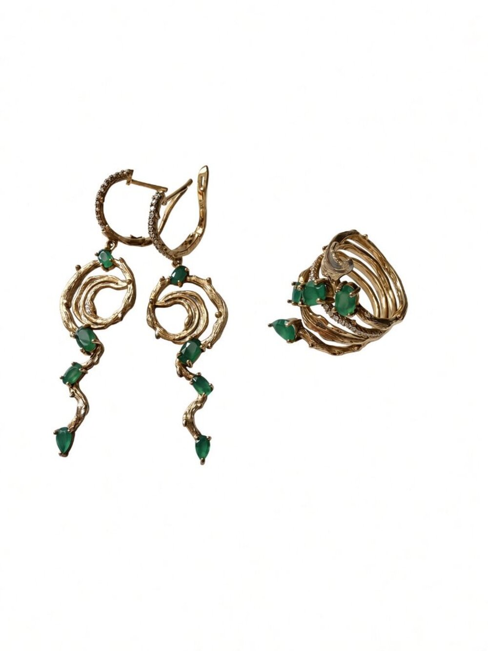 Green Agate Twig Ring (Sz 7) & Drop Earrings Set